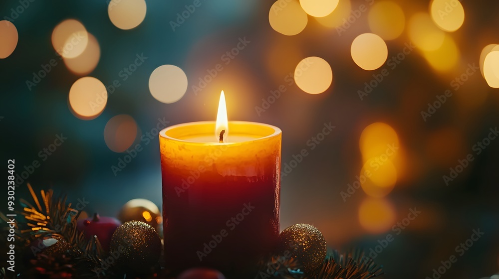 Single lit candle, candlelight, warm glow, bokeh background, golden lights, dark atmosphere, romantic mood, night setting, intimate lighting, depth of field, festive ambiance. Single lit candle, candlelight, warm glow, bokeh background, golden lights, dark atmosphere, romantic mood, night setting, intimate lighting, depth of field, festive ambiance.