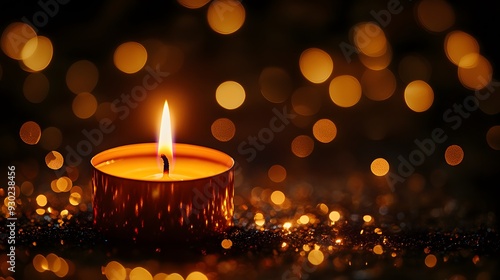 Single lit candle, candlelight, warm glow, bokeh background, golden lights, dark atmosphere, romantic mood, night setting, intimate lighting, depth of field, festive ambiance.