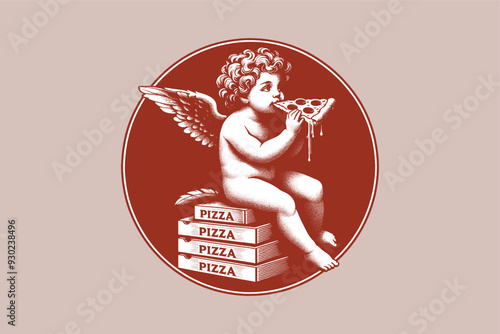 Cute little angel baby Cupid eats pizza. Vintage vector engraved pizzeria emblem,  print