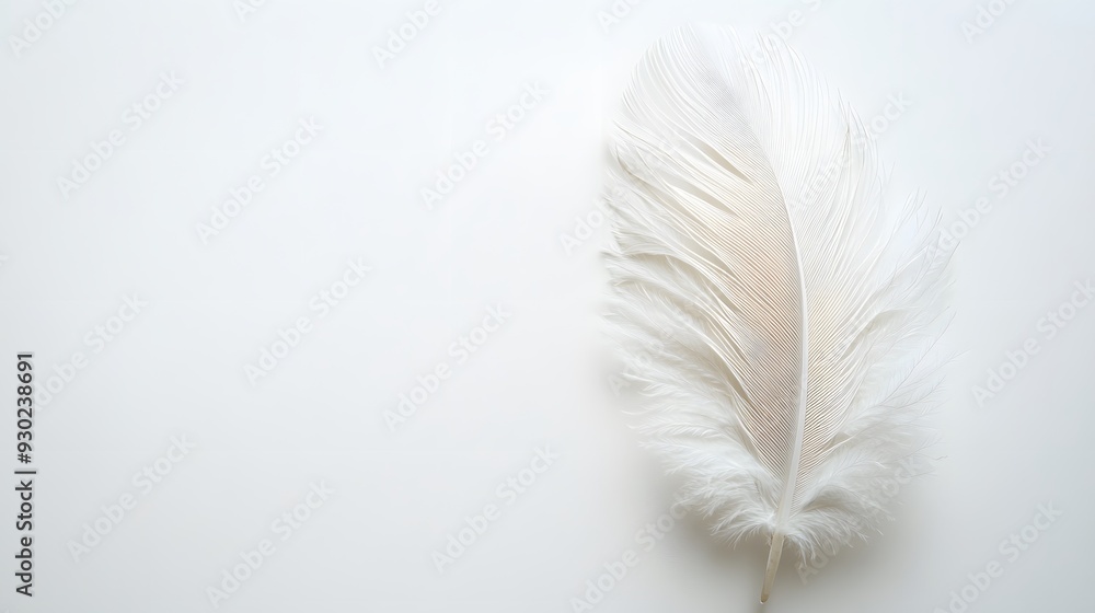 Fototapeta premium Single white feather, delicate texture, soft and fluffy, pure white background, copy space for text, minimalist composition, high resolution, macro photography.