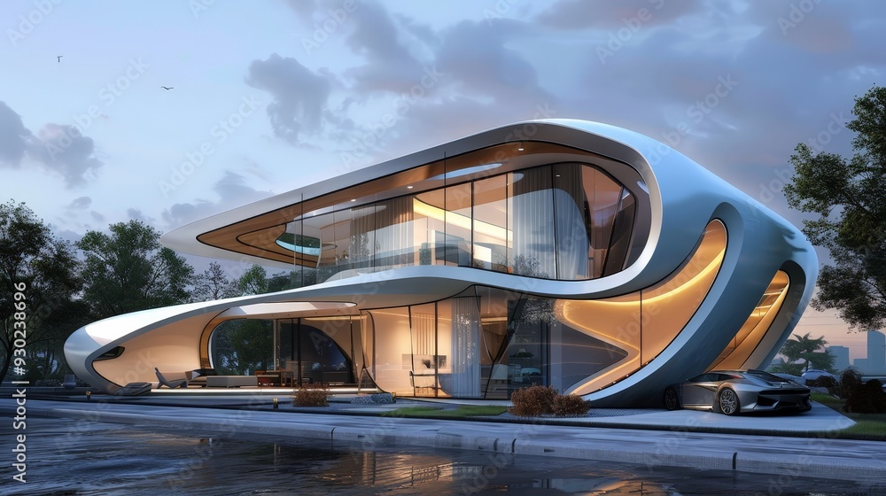 Obraz premium Illustrate a futuristic home exterior with innovative shapes, advanced materials, and smart technology integration, highlighting forward-thinking design.