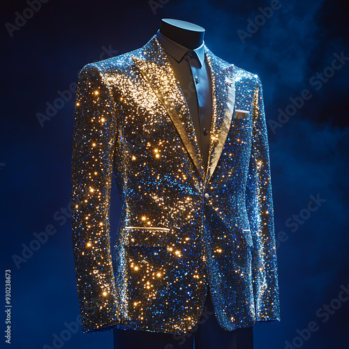 A gold glittery jacket with a tailored fit. photo