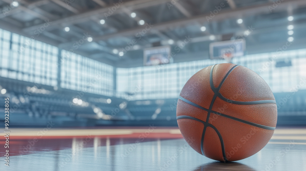 Basketball ball, board, and net in front of a large modern basketball arena. Basketball ball, board, and net in front of a large modern basketball arena.