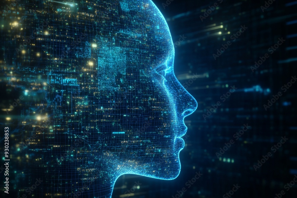 Digital human head made of blue data particles symbolizing the integration of human intelligence and AI technology in modern digital infrastructures Digital human head made of blue data particles symbolizing the integration of human intelligence and AI technology in modern digital infrastructures
