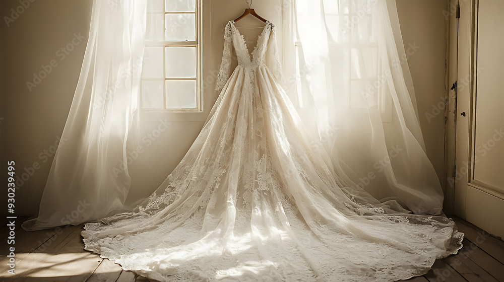 An exquisite ivory wedding gown with intricate lace detailing. An exquisite ivory wedding gown with intricate lace detailing.