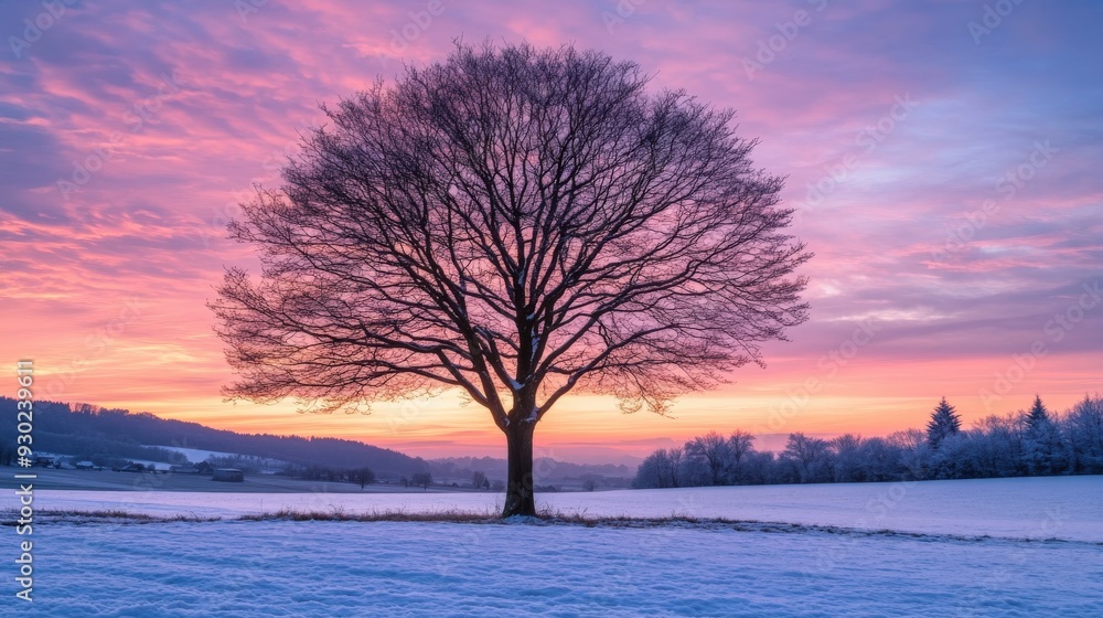 Solitary tree under a colorful winter sunset in a snowy landscape Solitary tree under a colorful winter sunset in a snowy landscape