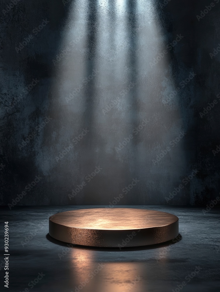 3D rendering of a podium product with a metallic surface, featuring dramatic shadows and a spotlight effect, placed on a dark stage to create a contrast. copy space , ai 3D rendering of a podium product with a metallic surface, featuring dramatic shadows and a spotlight effect, placed on a dark stage to create a contrast. copy space , ai
