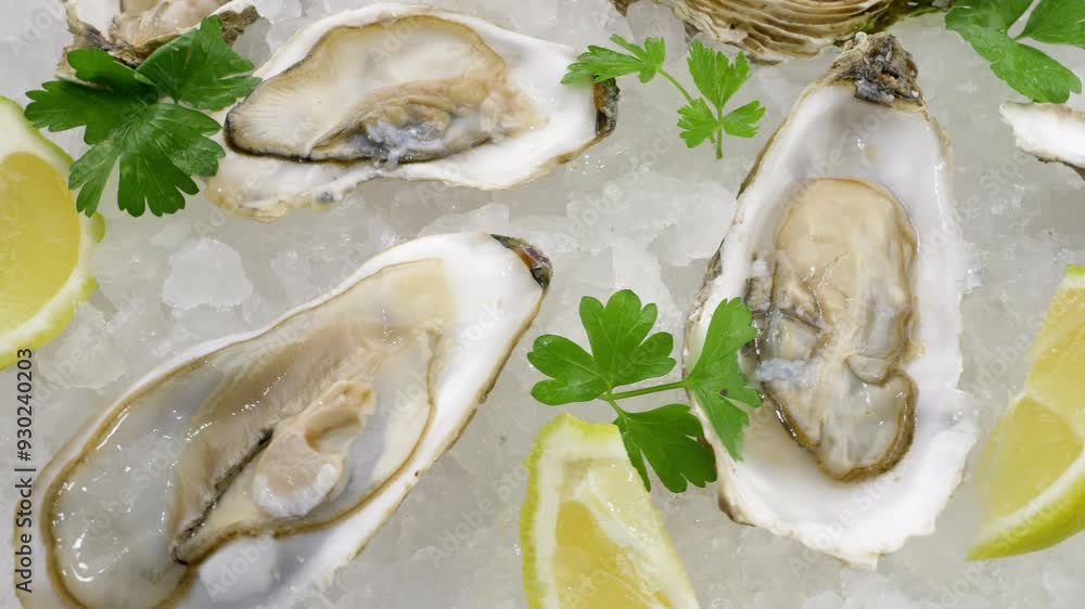 Fresh oysters served over ice. Half open mollusks with lemon, view from the top Fresh oysters served over ice. Half open mollusks with lemon, view from the top