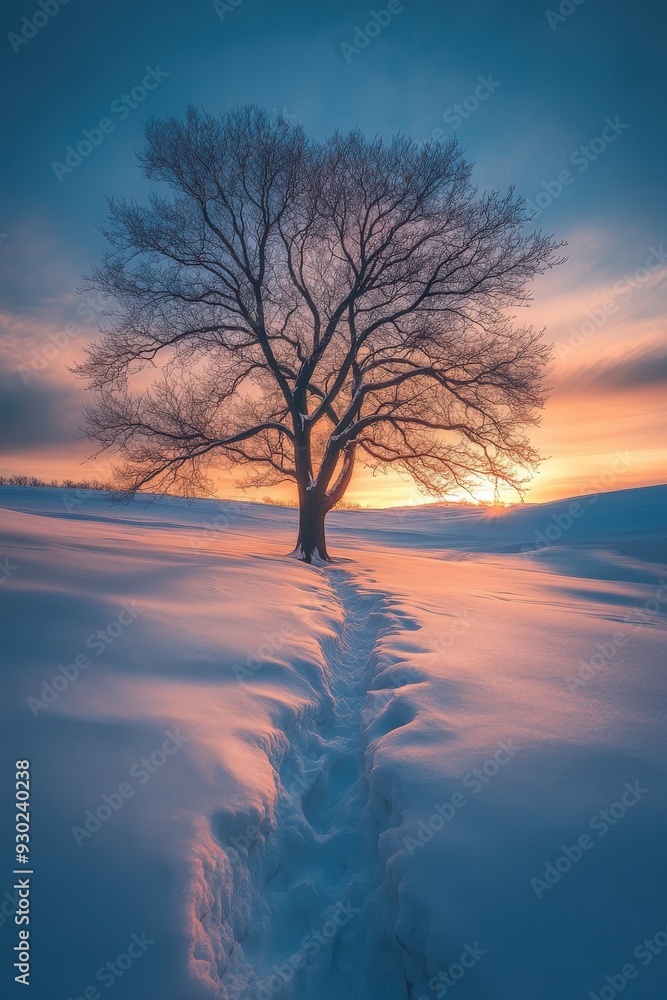 Solitary tree in a snowy landscape at sunset Solitary tree in a snowy landscape at sunset