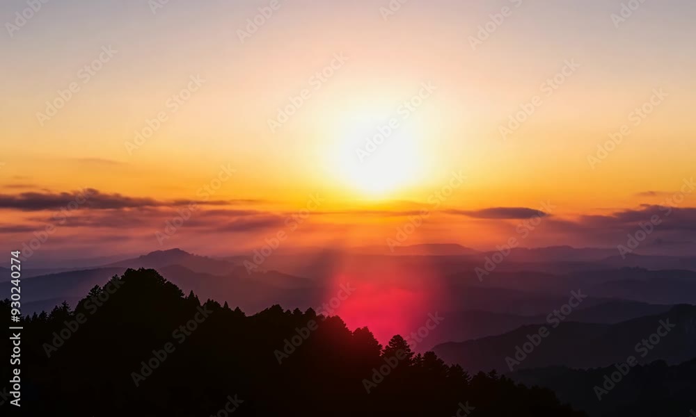 Golden sunset over a mountain range with a silhouette of a forest in the foreground. Golden sunset over a mountain range with a silhouette of a forest in the foreground.