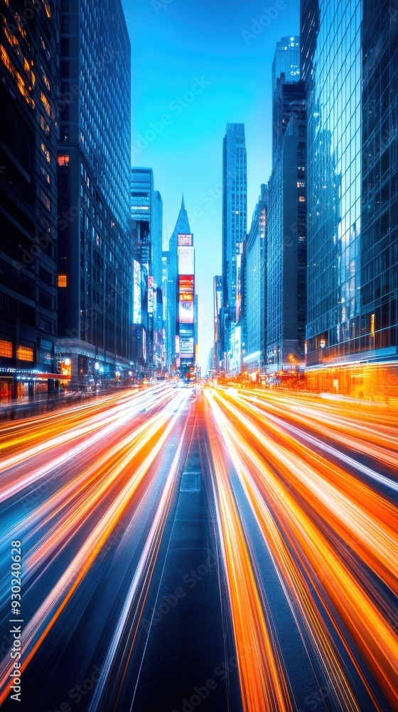 Obraz premium A timelapse of a bustling city street at night with streaks of car lights and pedestrians moving, creating a dynamic and energetic urban atmosphere