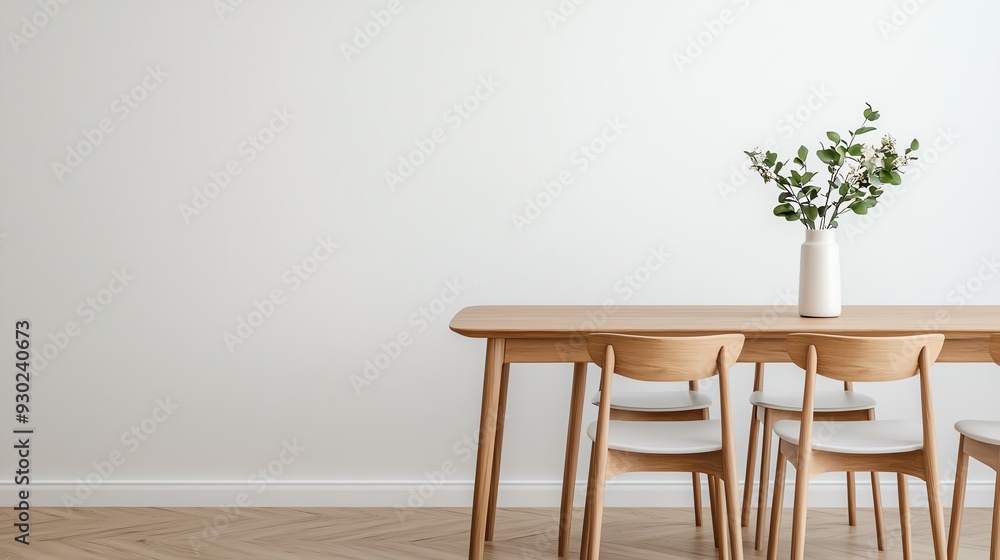 A minimalistic dining space featuring a wooden table and chairs, complemented by a vase of fresh greenery. A minimalistic dining space featuring a wooden table and chairs, complemented by a vase of fresh greenery.