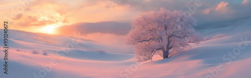 Snow-covered landscape with a single tree at sunset in winter