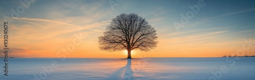 Sunset casts shadows from a lone tree on a snowy field