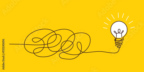 Confusion clarity or path concept idea with lightbulbs. Journey of tangled wires leading to a bright bulb. Business solutions searching. Vector illustration