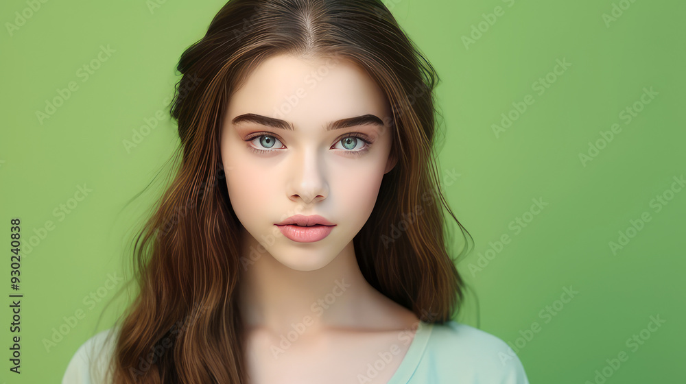 Portrait of a serious aggressive teenage girl with perfect skin, light green background, banner. Portrait of a serious aggressive teenage girl with perfect skin, light green background, banner.