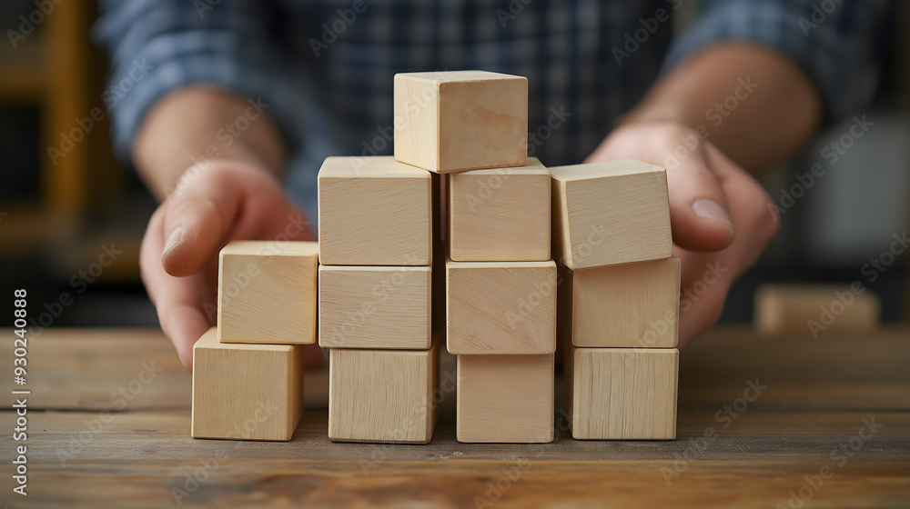 Building Wooden Blocks on Table by Hand Building Wooden Blocks on Table by Hand