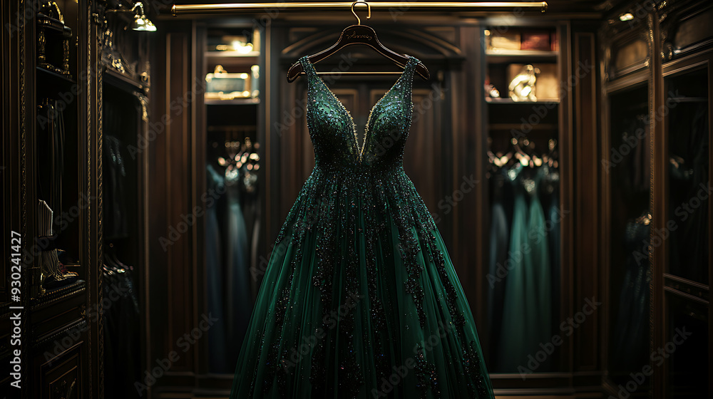 A deep emerald green ball gown with intricate detailing A deep emerald green ball gown with intricate detailing