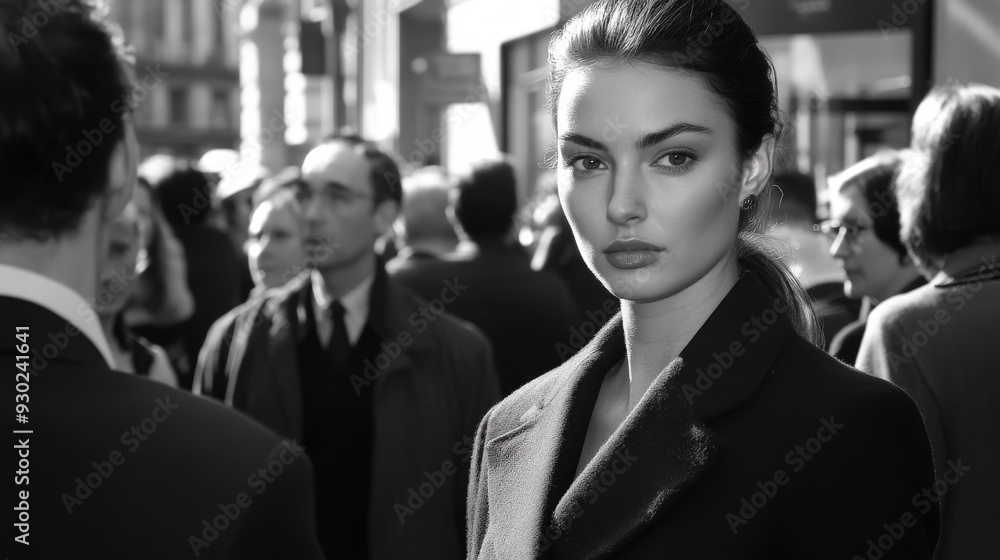 Brunette woman walking through a busy urban crowd in the afternoon Brunette woman walking through a busy urban crowd in the afternoon