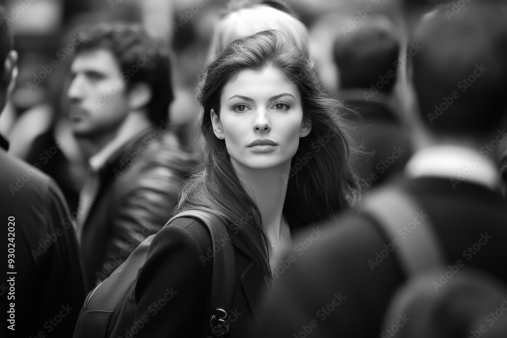 Elegant brunette woman walking through a busy crowd in the city Elegant brunette woman walking through a busy crowd in the city