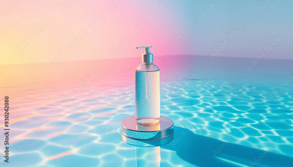 A blank mockup of a shower gel bottle standing on a golden base beside a pool of turquoise water. A blank mockup of a shower gel bottle standing on a golden base beside a pool of turquoise water.