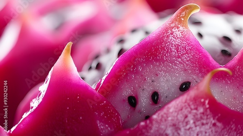 Vibrant close-up of dragon fruit, macro photography, vivid pink exterior, white flesh with black seeds, tropical produce, even studio lighting, food photography. photo