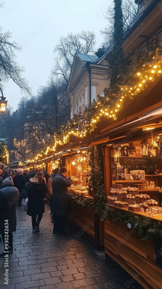 Discovering Delights at Christmas Market. Curious and happy people, tourists buying souvenirs and food at Christmas market, festival outdoor. Discovering Delights at Christmas Market. Curious and happy people, tourists buying souvenirs and food at Christmas market, festival outdoor.