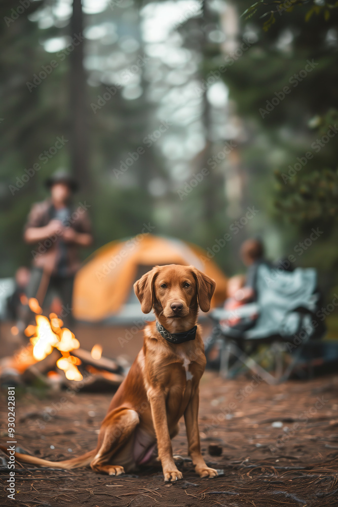 Cute dog sitting on a backdrop of tents and bonfire at campsite. Camping trip with a pet. Exploring nature. Cute dog sitting on a backdrop of tents and bonfire at campsite. Camping trip with a pet. Exploring nature.