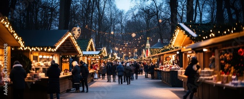 People walking on crowdy street discovering delights at festive Christmas market. Snowy square decorated with garlands. photo