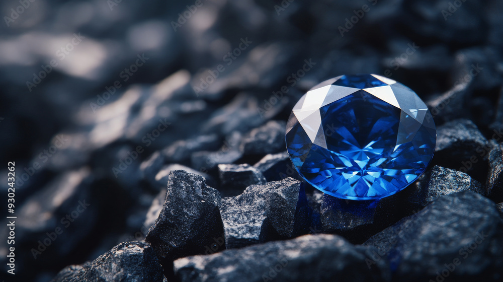 Blue sapphire set against a black coal background. Blue sapphire set against a black coal background.