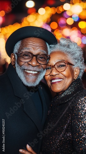 Happy, stylish senior African American couple at New Year street fair against background of warm festive garlands light. Bokeh effect.