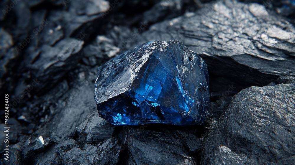 Blue sapphire set against a black coal background. Blue sapphire set against a black coal background.