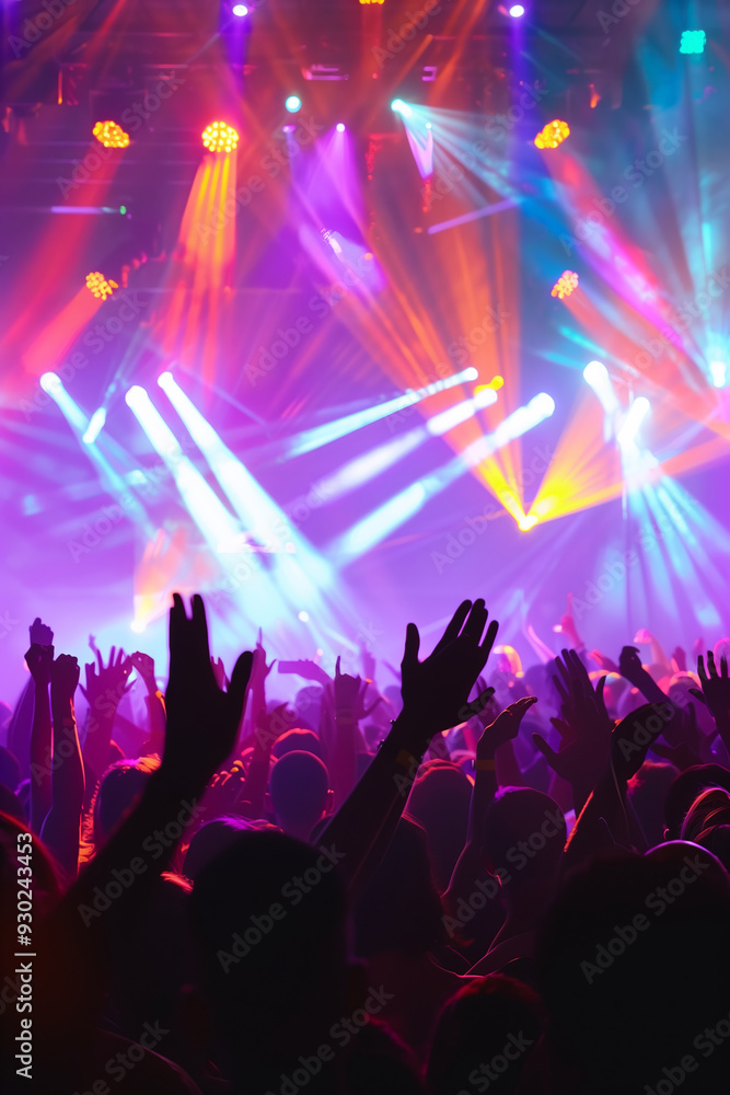 Crowd raising their hands on a background of colorful neon stage lights, in lively atmosphere of a music festival. Crowd raising their hands on a background of colorful neon stage lights, in lively atmosphere of a music festival.