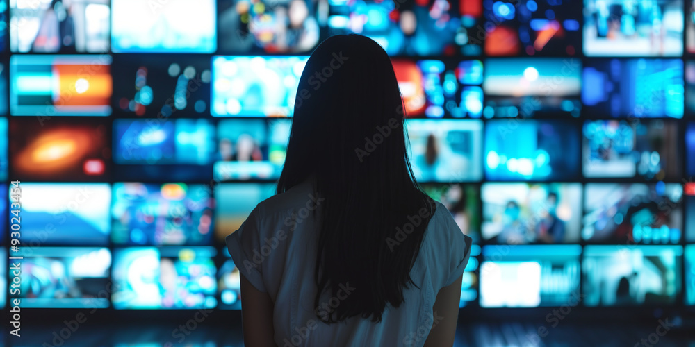 Woman standing in front of TV wall, displaying many streaming channels and online media. Woman standing in front of TV wall, displaying many streaming channels and online media.
