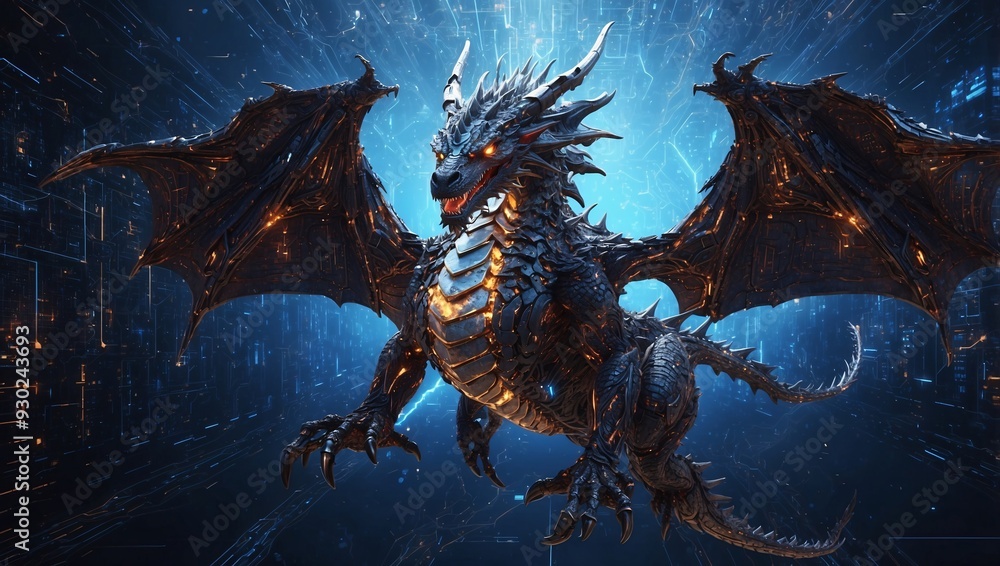 Cybernetic Dragon Soaring Through a Digital Sky with Scales Formed by Blockchain Codes Representing Power and Security of Decentralized Systems Cybernetic Dragon Soaring Through a Digital Sky with Scales Formed by Blockchain Codes Representing Power and Security of Decentralized Systems