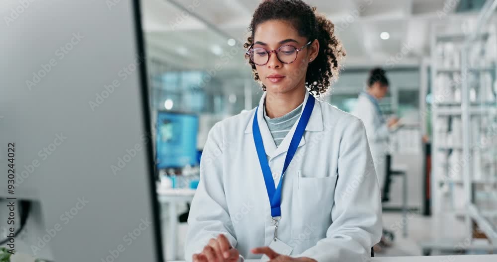 Woman, scientist and lab with computer for medical research for science study. Female employee, healthcare and online results for medicine or drug trial with investigation, report and solution