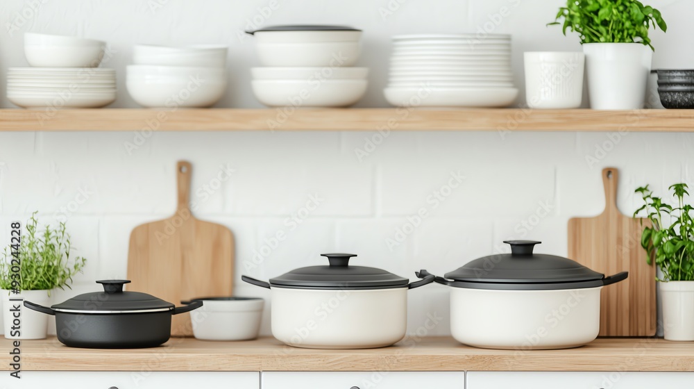 A modern kitchen shelf displaying stylish cookware and white bowls, perfect for contemporary culinary aesthetics. A modern kitchen shelf displaying stylish cookware and white bowls, perfect for contemporary culinary aesthetics.