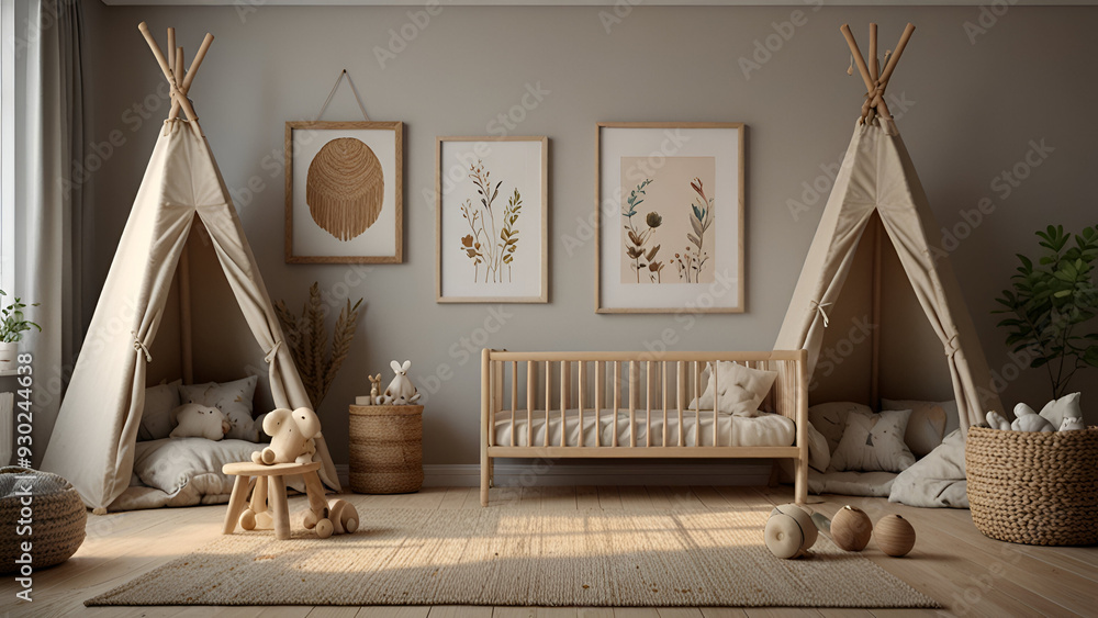 Obraz premium Mockup wall in the children's room on wall white colors background.3D Rendering.