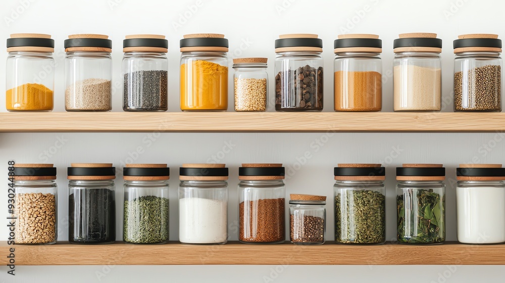 A neatly organized shelf displaying various jars filled with colorful spices and herbs, ideal for kitchen decor or cooking inspiration. A neatly organized shelf displaying various jars filled with colorful spices and herbs, ideal for kitchen decor or cooking inspiration.