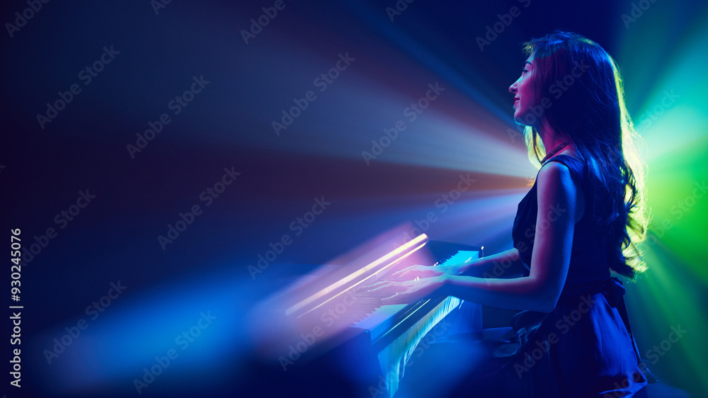 Symphony of light and sound. Pianist plays as waves of color fill space, her form silhouette against radiant glow that surrounds her. Concept of classical and modern music, entertainment, jazz. Ad Symphony of light and sound. Pianist plays as waves of color fill space, her form silhouette against radiant glow that surrounds her. Concept of classical and modern music, entertainment, jazz. Ad