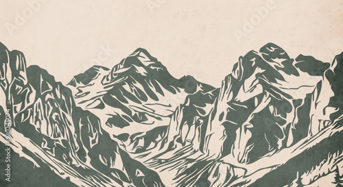 Mountain landscape. Vector graphics. Logo design for use in graphics. T-shirt print, tattoo design. Minimalist illustration for printing on wall decorations. Vintage grunge old .