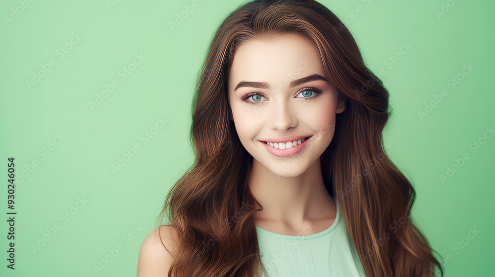 Portrait of a smiling cheerful teenage girl with perfect skin, light green background, banner. Portrait of a smiling cheerful teenage girl with perfect skin, light green background, banner.