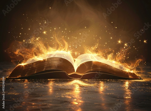 Magical Open Book Glowing With Golden Light