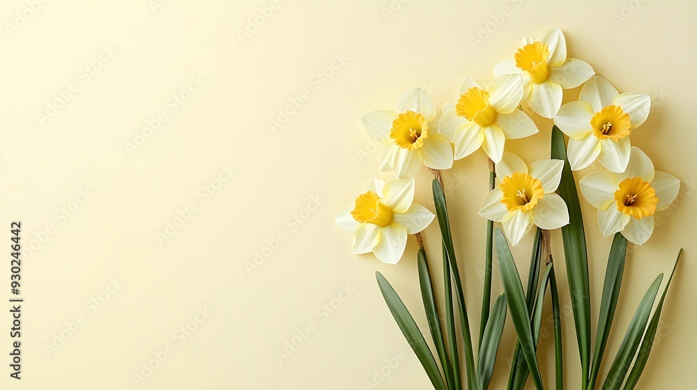 Yellow daffodils, fresh spring flowers, green stems, pale yellow background, copy space for text, flat lay photography, high resolution, springtime theme. Yellow daffodils, fresh spring flowers, green stems, pale yellow background, copy space for text, flat lay photography, high resolution, springtime theme.