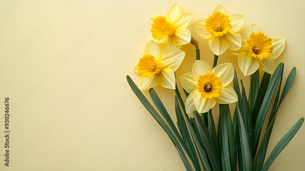 Yellow daffodils, fresh spring flowers, green stems, pale yellow background, copy space for text, flat lay photography, high resolution, springtime theme. Yellow daffodils, fresh spring flowers, green stems, pale yellow background, copy space for text, flat lay photography, high resolution, springtime theme.