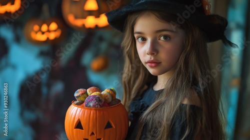 Girl Holding Pumpkin Cup with Treats in Spooky Setting, Trick-or-Treating Excitement 