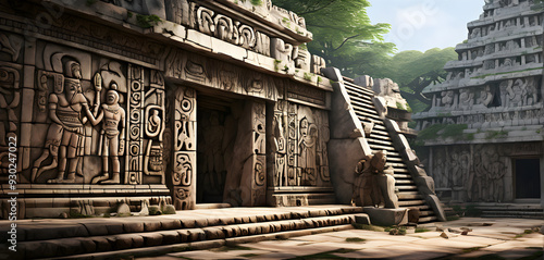 Detailed Mesoamarican glyphs etched into the walls of a Maya temple, with historical figures and ceremonial scenes in the background photo