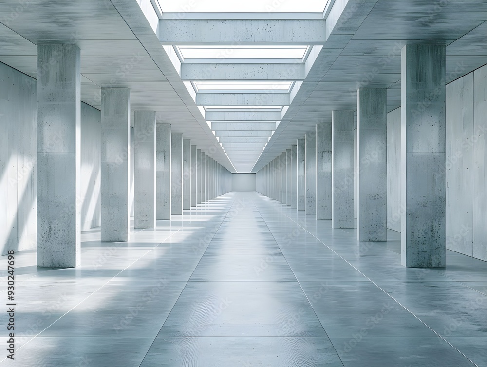 Modern architectural corridor with skylights and concrete pillars during daylight Modern architectural corridor with skylights and concrete pillars during daylight