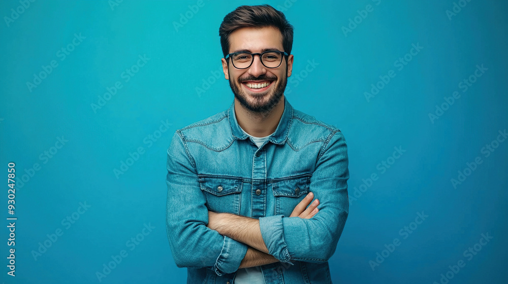 Happy young man in denim shirt on blue background Happy young man in denim shirt on blue background