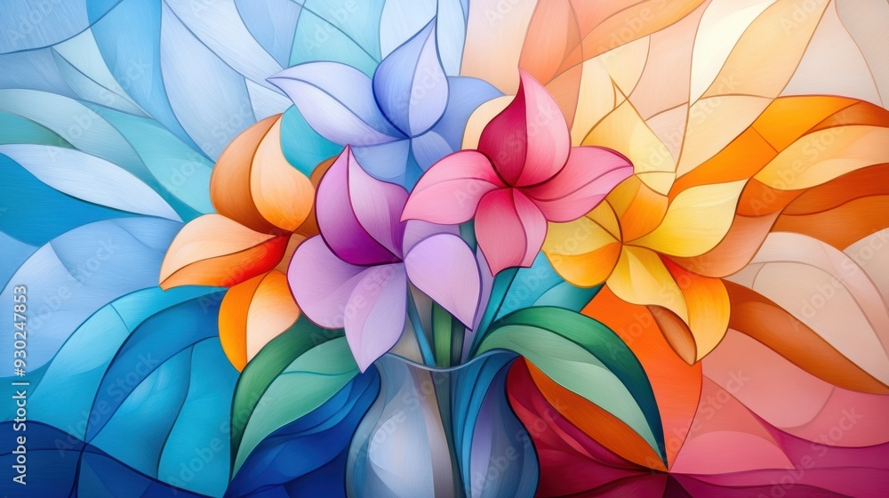 A painting of a vase filled with colorful flowers on the wall, AI A painting of a vase filled with colorful flowers on the wall, AI